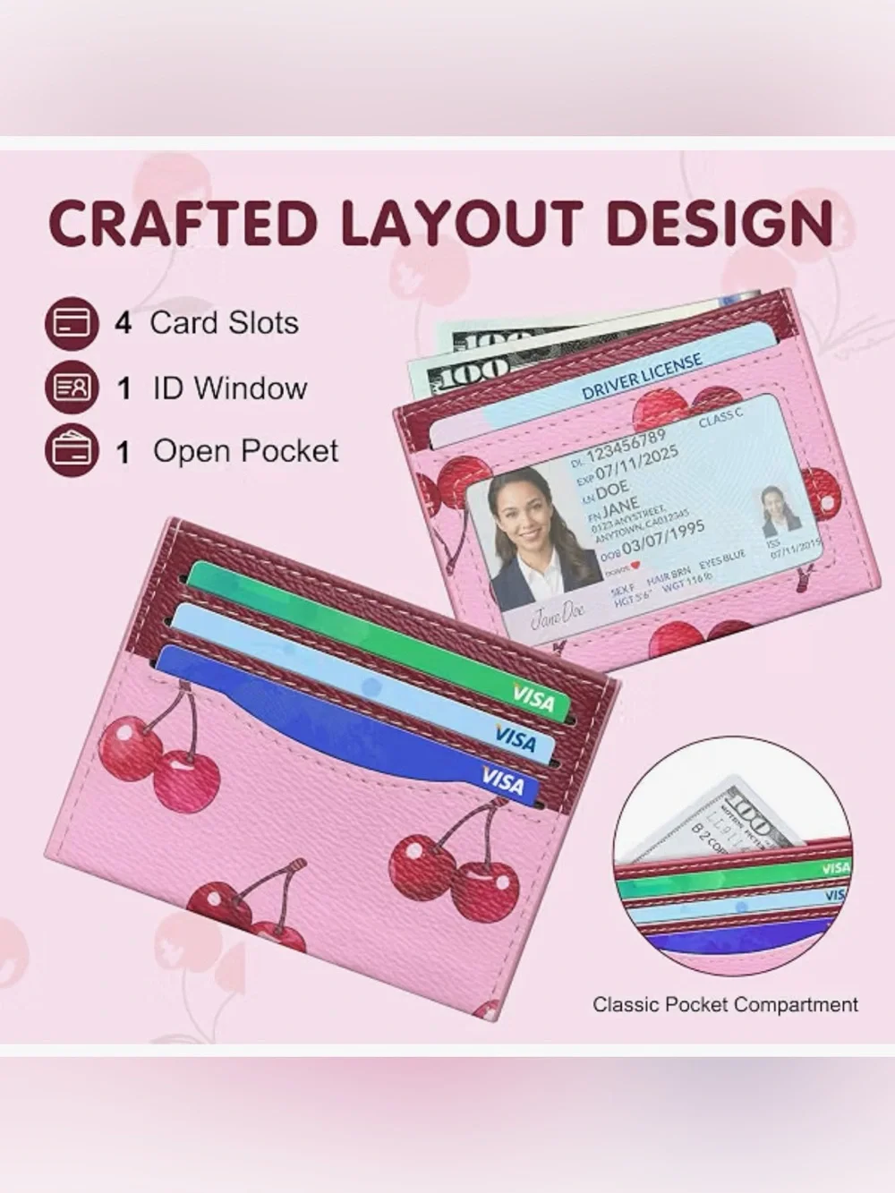Credit Card Holder for Women, Cute Cherry Print Slim Card Case